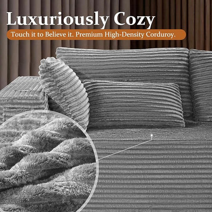 138" Cloud Sectional Couch, Comfort U Shaped Sofa for Living Room, Extra Deep Seats No Assembly, Minimalist Modular Couch, Corduroy (Light Grey, 6 Seats,U-Shape A)