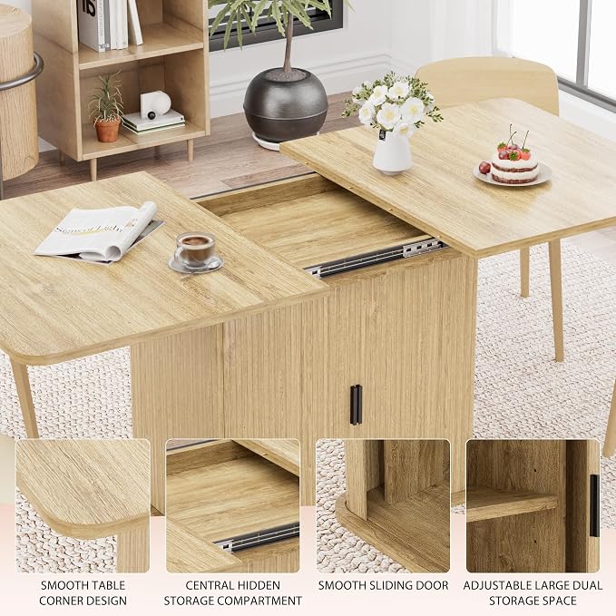 Extendable Dining Table for 4–6, 47″–63″ Rectangular Kitchen Table with Storage, Mid Century Modern Expandable Dinner Table for Dining Room,Kitchen