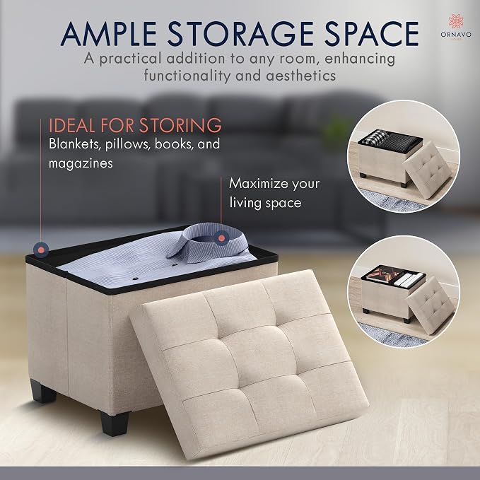Ornavo Home Storage Ottoman Small Rectangle Ottoman with Legs, Foot Rest Stool Seat, Load up to 600 LB, for Living Room, Bedroom, Home Office, Dorm - 12 x 16 x 12, Beige