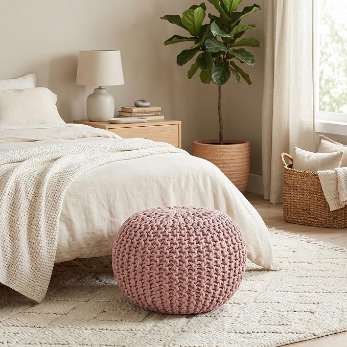 BIRDROCK HOME Round Pouf Ottoman Foot Rest - 18.5”x18.5”x15” Boho Compact Comfortable Soft Cotton Braided Foot Stool with Bean Bag Filling for Living Room, Bedroom, or Nursery (Dusty Rose)