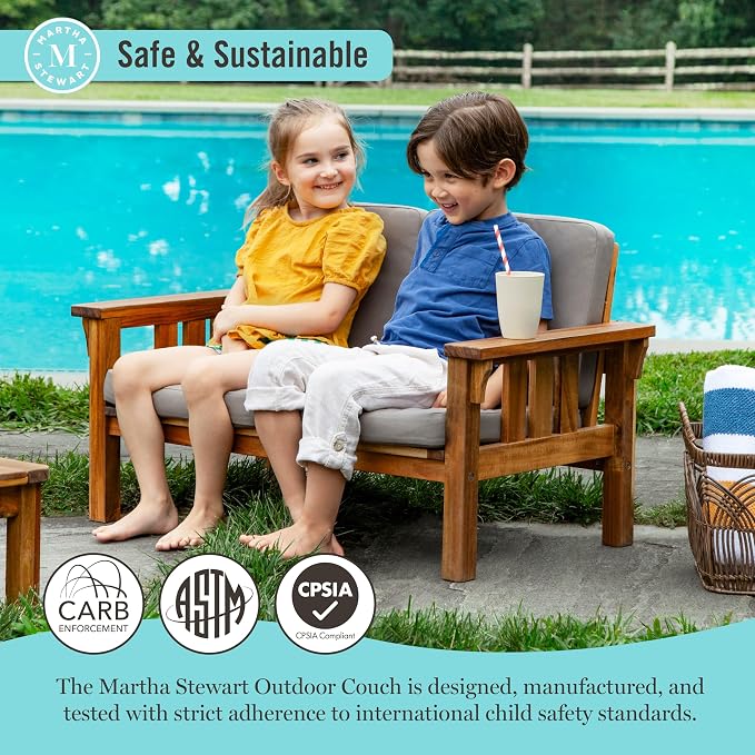 Martha Stewart Kids’ Outdoor Sofa Chair: Natural Acacia Wood Sofa Couch w/Gray Cushions for Indoor & Outdoor Spaces, 10" Seat Height | Kids’ Furniture for Garden, Patio & Backyard Picnics