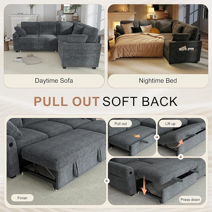 Hanherry Sectional Couch with Pull Out Sofa Bed,Corduroy Sleeper Sofa with 2 Seat Storage & USB Charging,Comfy L Shaped Modular Couches for Living Room,Apartment