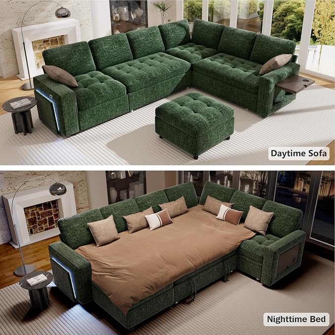 Vipbear 7 Seat L Shaped Modular Sectional Sleeper Sofa Bed with Ottoman/Pull Out Bed/Reclining Backrest/USB Ports/Table/LED Light/Storage Seat, Tool-Free Assembly, Chenille Green