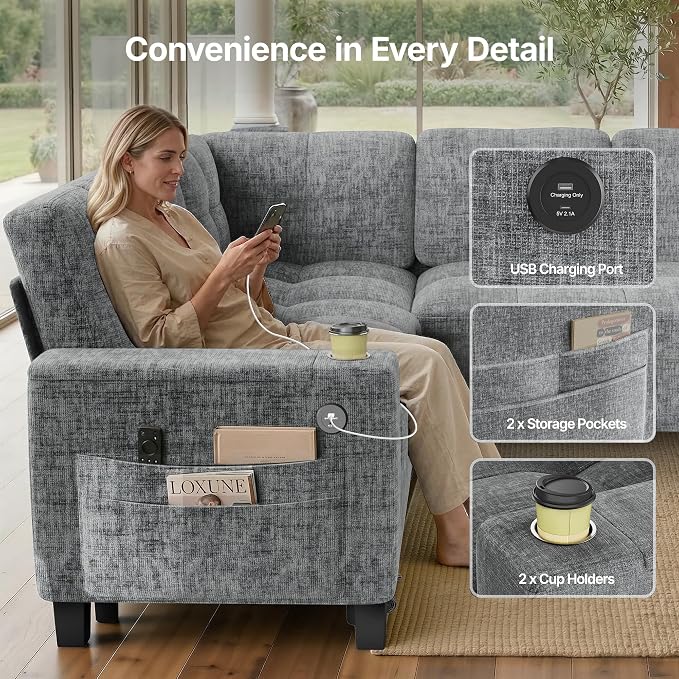AMADA HOMEFURNISHING 85″ Modular Sectional Sleeper Sofa with Pull Out Couch, U Shaped 5 Seat Sectional Sofa with Storage, USB Ports & Cup Holders, Chenille Cloud Couches for Living Room, Light Gray