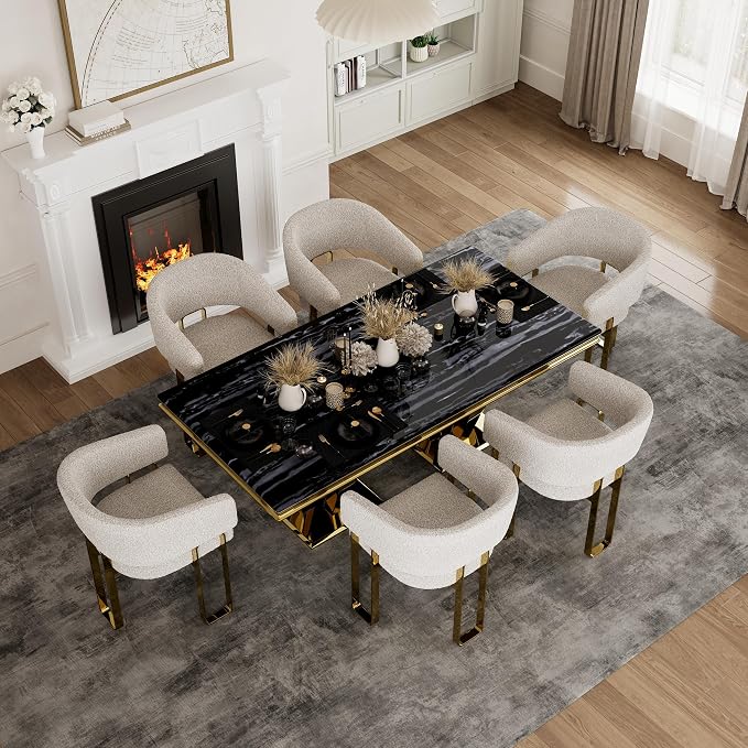 Dining Chairs Set of 5, White and Gold Barrel Boucle Dining Chairs with Arms and U-Shaped Mirrored Gold Legs, Contemporary Side Chairs for Dining Table, Kitchen and Dining Room Restaurant