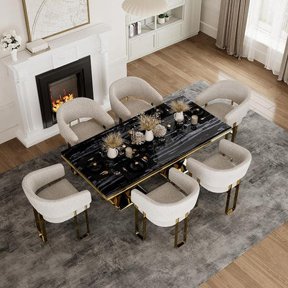 Dining Chairs Set of 5, White and Gold Barrel Boucle Dining Chairs with Arms and U-Shaped Mirrored Gold Legs, Contemporary Side Chairs for Dining Table, Kitchen and Dining Room Restaurant