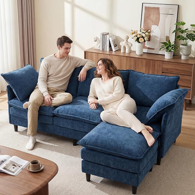 3 Seater L-Shape Couch Sofa with Ottoman, 69" Small Couch Modern Comfy Cloud Chenille Sofa 23" Deep with Washable Pillow Cover Couches for Living Room Bedroom Apartment Office 69-Blue-L