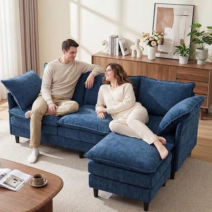 3 Seater L-Shape Couch Sofa with Ottoman, 69" Small Couch Modern Comfy Cloud Chenille Sofa 23" Deep with Washable Pillow Cover Couches for Living Room Bedroom Apartment Office 69-Blue-L