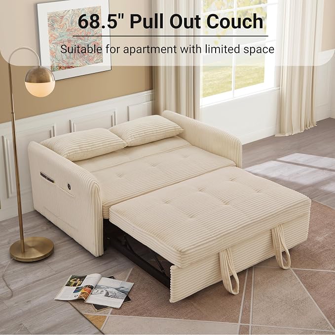 55.5" Corduroy Convertible Sofa Bed, Pull Out Sleeper Sofa Bed, Loveseat Couch with USB Charging Ports, 3 in 1 Convertible Sleeper Sofa Bed for Living Room, Apartment, Bedroom, RV, Beige