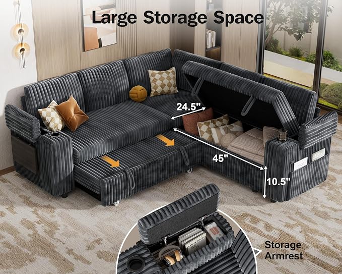 WEUP 86" Modular Sectional Sleeper Sofa with Pull Out Bed, 5 Seat Plush Corduroy L Shaped Couch with USB Ports|Cup Holders|Side Table|Storage Seat Armrests, Tool Free Assembly, Grey