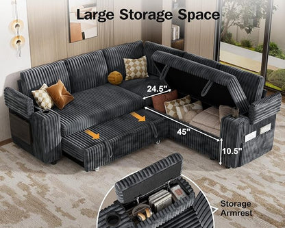 WEUP 86" Modular Sectional Sleeper Sofa with Pull Out Bed, 5 Seat Plush Corduroy L Shaped Couch with USB Ports|Cup Holders|Side Table|Storage Seat Armrests, Tool Free Assembly, Grey