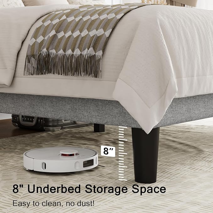 Einhomn Full Size Platform Bed Frame with Fabric Upholstered Wingback Headboard, 9" Under Bed Space, Wooden & Metal Slats Support, No Box Spring Needed, Light Gray