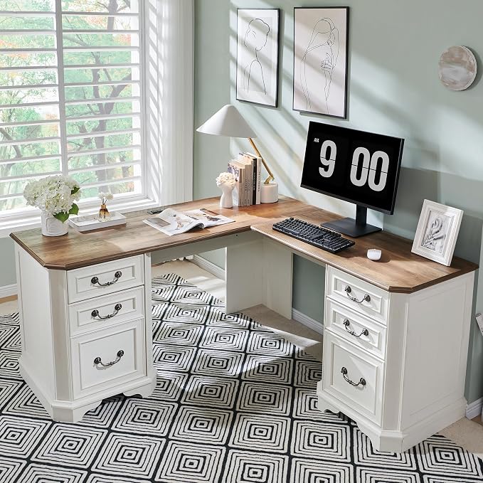 T4TREAM 59" Executive L Shaped Desk with Drawers,Farmhouse Wood Computer Corner Desk, Featuring Charging Station,File Drawer, Storage Cabinet,for Home Office Work and Study (Antique White)