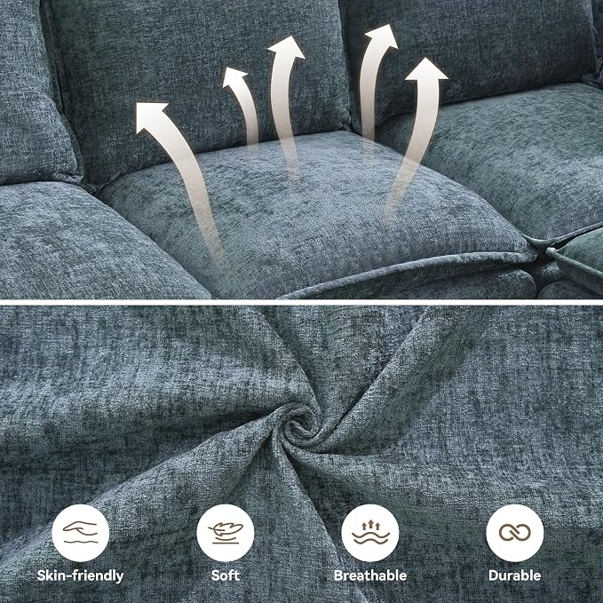 80" Cloud Modular 3 Seater Sofa with Storage Ottoman, Modern Upholstered Storage Sofa Couch Deep Seat, L Shape Sectional Sofa Chenille Comfy Couch with Armrests for Living Room, Small Space, Blue