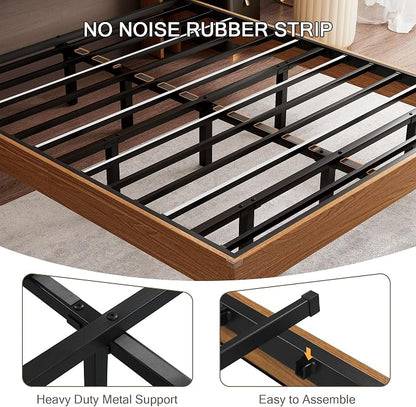 Einhomn Bed Frame Queen Size with LED Lights & Charging Station – Kids Wood Floating Queen Bed Frame with Storage Headboard, Adhesive Slats, Kick-Free & Noise-Free Design, Easy Assembly, Walnut