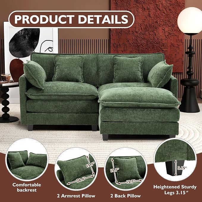 Ihanherry 77" L Shaped Modern Sofa Modular Sectional Cloud Couch with Ottoman, 3-Seat Chenille Deep Seat Sofa with Pillow for Living Room, Bedroom and Apartment, Green