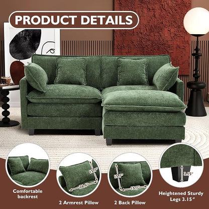 Ihanherry 77" L Shaped Modern Sofa Modular Sectional Cloud Couch with Ottoman, 3-Seat Chenille Deep Seat Sofa with Pillow for Living Room, Bedroom and Apartment, Green