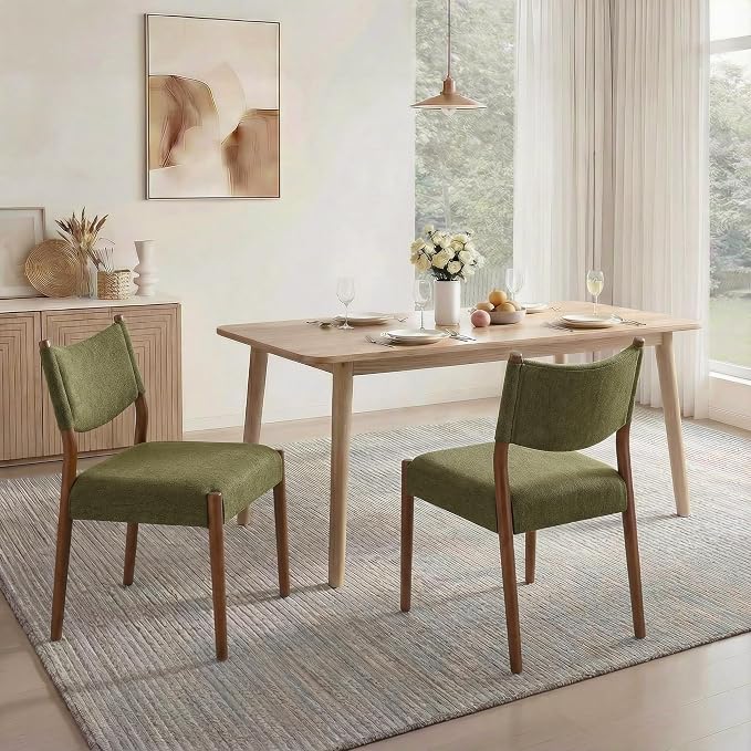KISLOT Upholstered Dining Chairs Set of 2, Solid Wood Armless Kitchen Chairs with Soft Polyester Fabric, 18.9" Seat Height, Modern Dining Room Seating, 300 lbs Capacity, Green