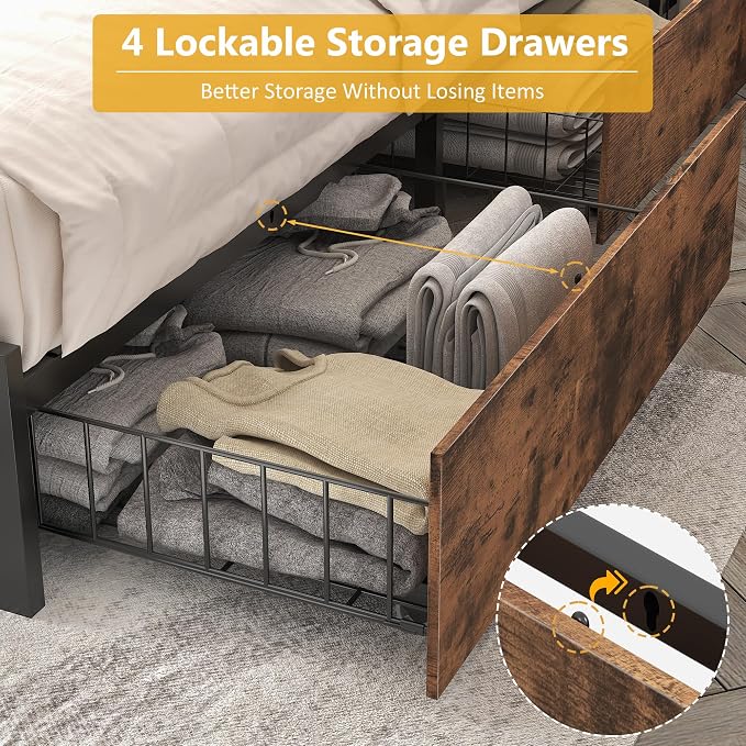 Lifezone Full Bed Frame with 2-Tier Storage Headboard, Metal Platform Bed Frame with 4 Storage Drawers, Built in Charging Station & LED, Noise-Free/Metal Support/No Box Spring Needed, Vintage Brown