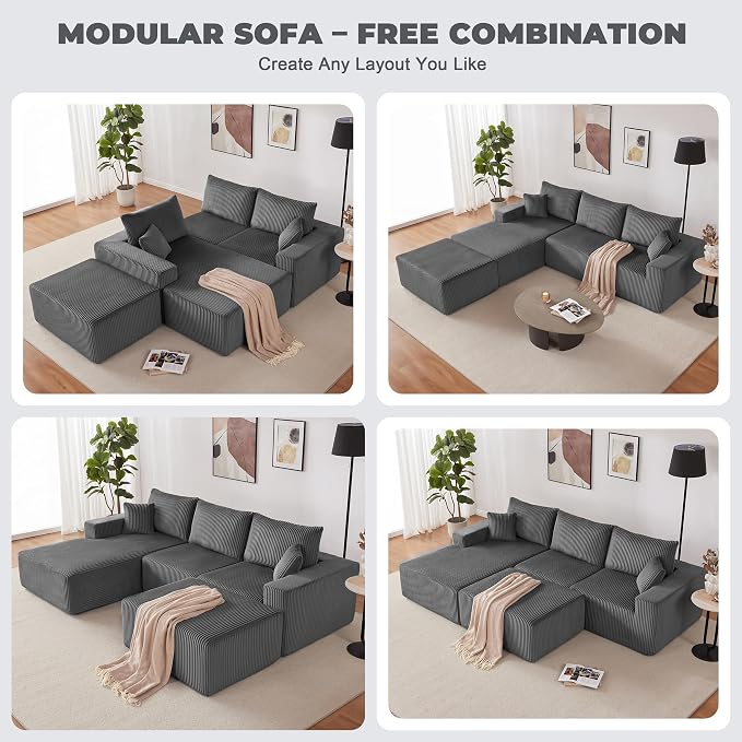 Weture 108” Modular Sectional Couches, Modern Modular U-Shape Sofa with Chaise, Cloud Sectional Couch with Deep Seat, Upholstered Boneless Sofa for Living Room (Corduroy, Gray)