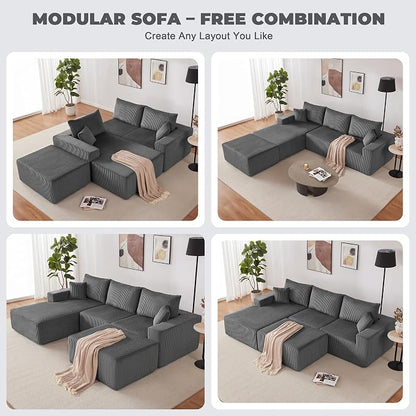 Weture 108” Modular Sectional Couches, Modern Modular U-Shape Sofa with Chaise, Cloud Sectional Couch with Deep Seat, Upholstered Boneless Sofa for Living Room (Corduroy, Gray)