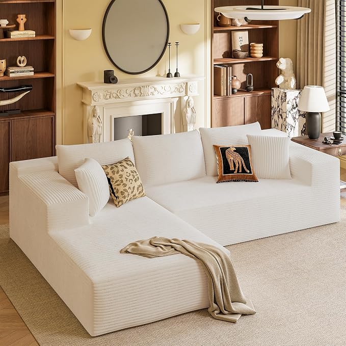 YESHOMY Boneless Couches for Living Room, 108" Sectional Modular Sectional Sofa with Deep Seat, Cloud Comfy Couch with L-Shape Chaise, Easy Assembly (Corduroy, Cream)