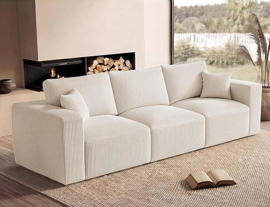 Modular Sectional Sofa, 115" Memory Foam Cloud 3-Seater Boneless Couch, Cozy Upholstered Corduroy Frameless Sofa, No Assembly Required Extra Wide Seating for Living Room & Apartment, Beige