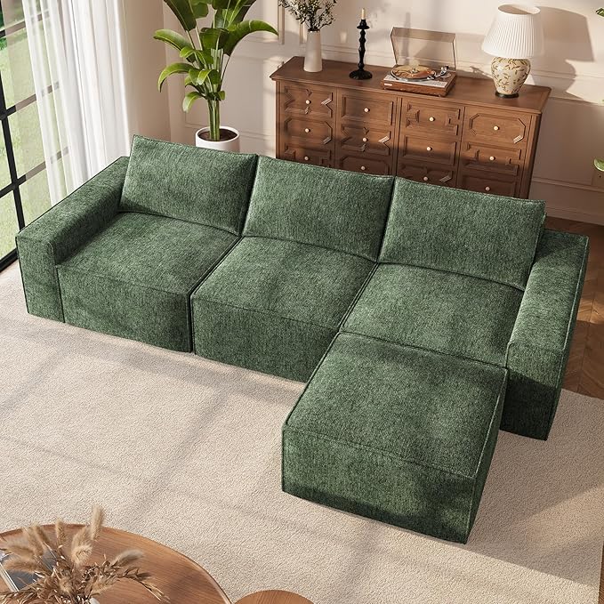 Vesgantti 114" Modular Boneless Couch, Modern 3 Seater Sectional Sofa with Ottoman & Deep Seat, Convertible Chenille L Shaped Cloud Couches for Living Room, No Assembly Required, Green