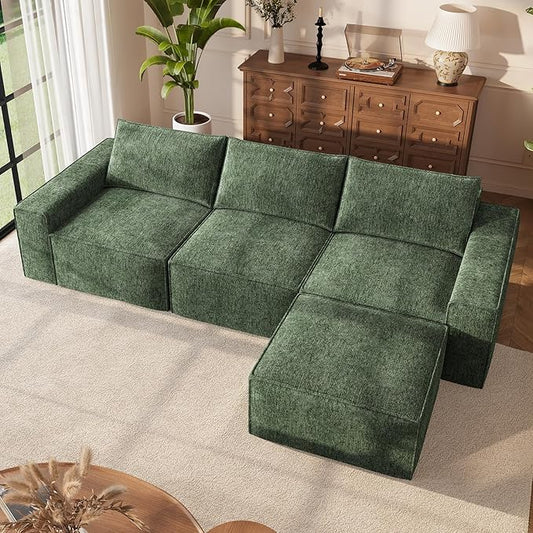 Vesgantti 114" Modular Boneless Couch, Modern 3 Seater Sectional Sofa with Ottoman & Deep Seat, Convertible Chenille L Shaped Cloud Couches for Living Room, No Assembly Required, Green
