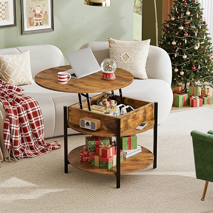 WLIVE Round Lift Top Coffee Table with Storage Shelf and Hidden Compartment, Farmhouse Small Coffee Table with 2 Tier for Living Room and Home Office, Rustic Brown