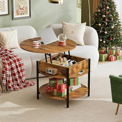 WLIVE Round Lift Top Coffee Table with Storage Shelf and Hidden Compartment, Farmhouse Small Coffee Table with 2 Tier for Living Room and Home Office, Rustic Brown