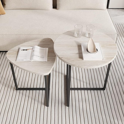 HOJINLINERO Round Coffee Table Set of 2 End Tables for Living Room,Black Small Coffee Table Living Room Table,Metal Frame & Wood Look,Sturdy and Easy Assembly,Stacking Side Tables Bedroom,White