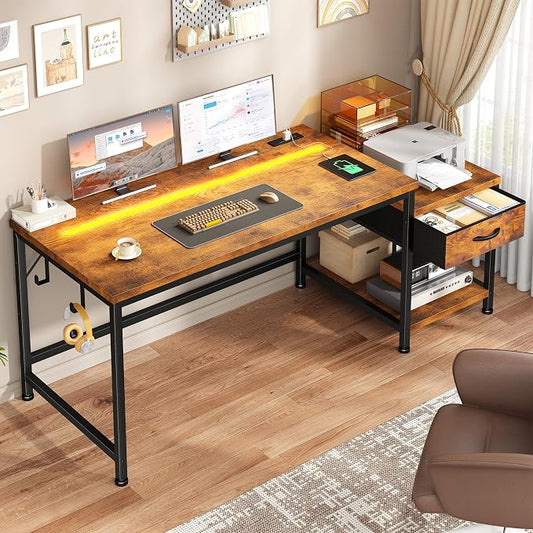 48.1''Gaming Computer Desk with A Reversible Printer Shelf, Built-in Power Outlets & LED Lights, Desk with Drawer and Headphone Hook for Gaming,Craft Working and Studying in Bedroom, Dorm,Rustic Brown