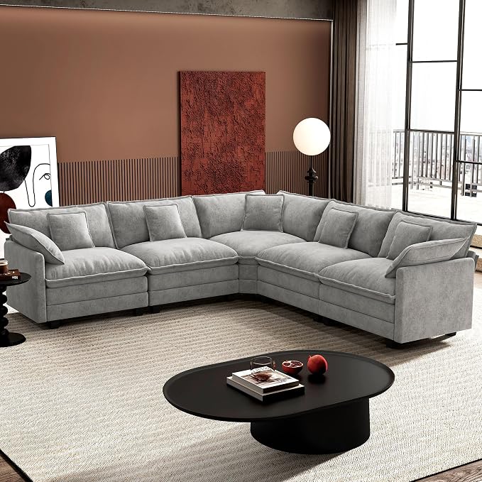 Ihanherry 114" V-Shaped Modern Sofa Modular Sectional Cloud Couch with Corner Section, 5-Seat Chenille Deep Seat Sofa with 5 Pillows for Living Room, Bedroom and Apartment, Grey