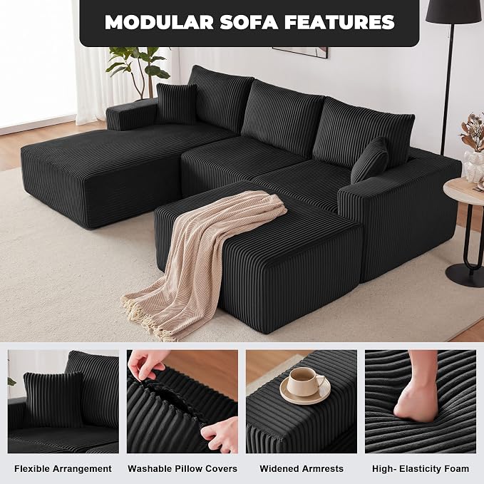 Weture 108” Modular Sectional Couches, Modern Modular U-Shape Sofa with Chaise, Cloud Sectional Couch with Deep Seat, Upholstered Boneless Sofa for Living Room (Corduroy, Black)