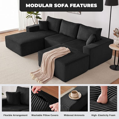Weture 108” Modular Sectional Couches, Modern Modular U-Shape Sofa with Chaise, Cloud Sectional Couch with Deep Seat, Upholstered Boneless Sofa for Living Room (Corduroy, Black)