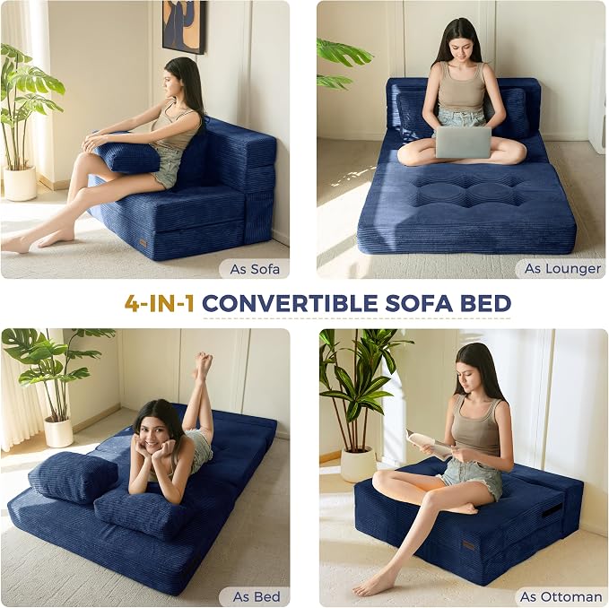 MAXYOYO Convertible Sofa Bed, Fold Out Sofa Couch with Pillow, 4 in 1 Tufted Folding Couch Bed Foam Floor Couch, Lazy Chair for Living Room Bedroom Guest Room, Navy