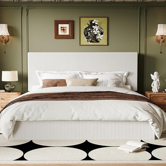 Allewie King Bed Frame, Upholstered Platform Bed, Adjustable Vertical Channel Tufted Headboard, Corduroy Fabric, Modern Low Profile, Wooden Slats, No Box Spring Needed, Easy Assembly, White