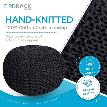 BIRDROCK HOME Round Pouf Ottoman Foot Rest - 18.5”x18.5”x15” Boho Compact Comfortable Soft Cotton Braided Foot Stool with Bean Bag Filling for Living Room, Bedroom, or Nursery (Charcoal Gray)