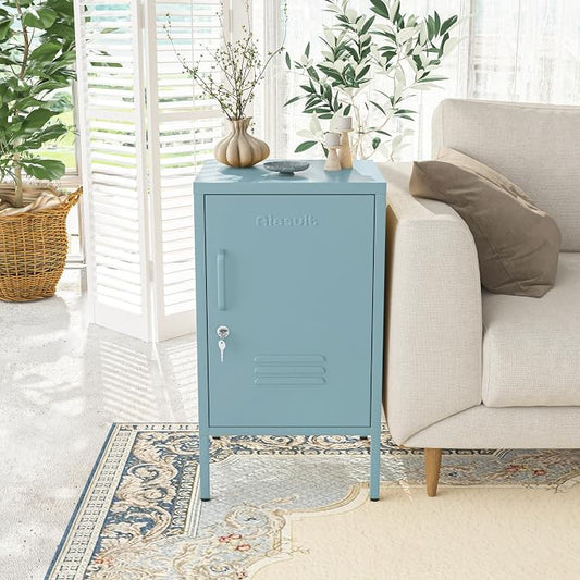 Single Door Lockable Metal End Table & Children's Bedside Table, 2-Tier Storage Cabinet with Adjustable Shelf, Easy Assembly Side Table for Living Room Bedroom Home Office Blue