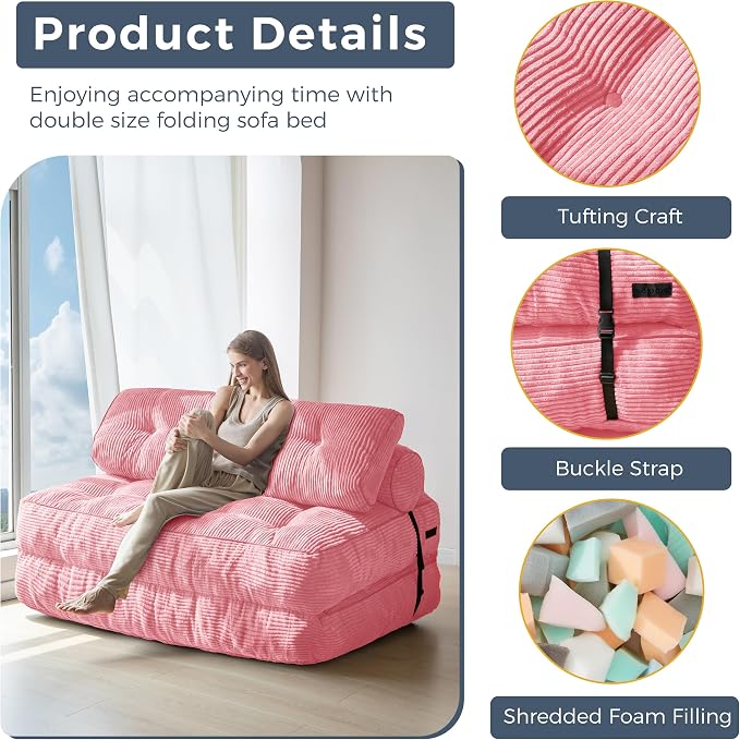 MAXYOYO Folding Sofa Bed, Convertible Chair with Pillow Foldable Couch with Back Support, Portable Fold Out Chair Bed Comfy Floor Sofa Lounge for Living Room Bedroom, Pink Double