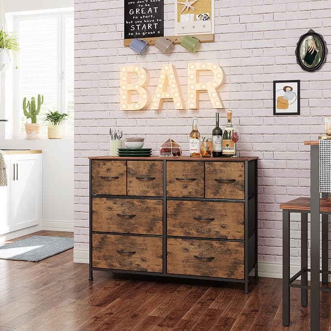 WLIVE Dresser for Bedroom with 8 Drawers, Wide Fabric Dresser for Storage and Organization, Bedroom Dressers, Chest of Drawers for Living Room, Closet, Entryway, Rustic Brown Wood Grain Print