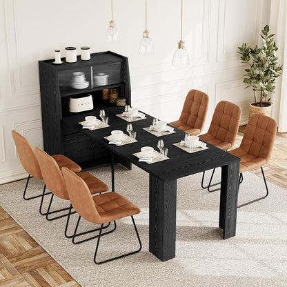 HIPIHOM Dining Table Set for 6, Extendable 86.6" with Storage | Space-saving MDF Kitchen Table with 6 Upholstered U-shaped Brown Chairs, Ideal for Apartment, Living Room