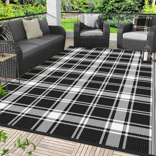 GENIMO Waterproof Outdoor Rug for Patio Clearance, 6'x9' Reversible Plastic Straw Rugs, Lightweight RV Camping Mat for Camper, Balcony, Deck, Backyard, Picnic, Black White Plaid