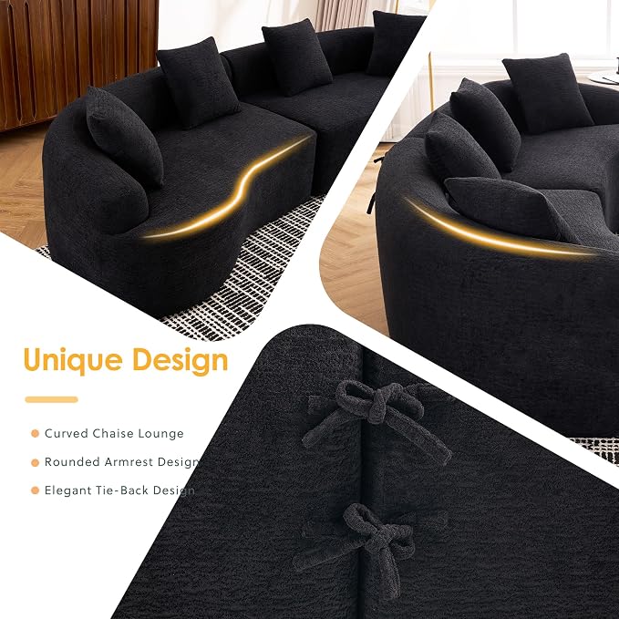 110.2" Curved Sectional Sofa,Luxury Wood Grain Chenille Fabric, Oversized Sectional Sofa,Compression Curved Couch for Living Room,No Assembly Needed(Black, 110.2 Inch)