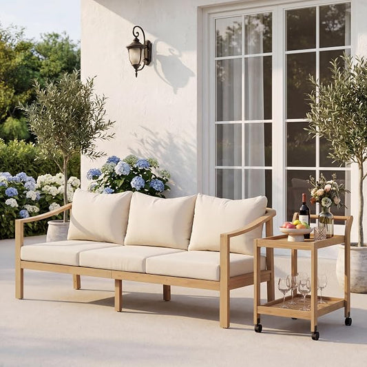 Merax Outdoor 78" Acacia Wood 3-Seater Sofa with All-Weather Coushions | Patio Sofa with Deep Seat for Porch, Lawn, Backyard, Balcony, Teak+ Beige