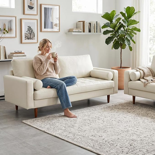 Container Furniture Direct Womble Mid Century Modern Couch with Bolster Pillows, PU Leather Upholstered Tufted Seat, Versatile Retro Design for Comfortable Living Spaces, Sofa