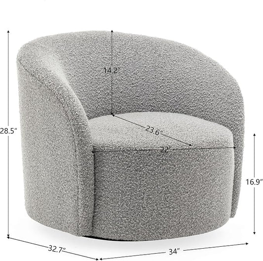 KINWELL 34" W Mid Century Modern Swivel Barrel Chair, Round Upholstered Boucle Swivel Accent Chairs, No Assembly Sofa Chair for Living Room Bedroom Reading Apartment Lounge Nursery(Black White)