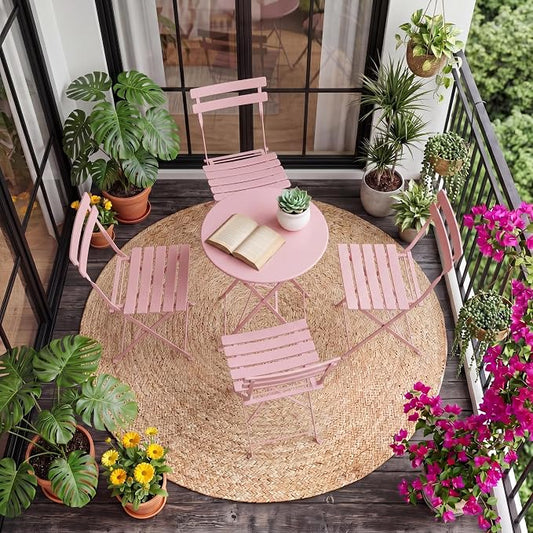 Bistro Table and Chairs Set of 4, 5 Piece Outdoor/Indoor Folding Patio Bistro Sets, 4 Chair Patio Furniture Set with Table, Premium Frame Foldable Coffee Tables for Balcony, Yard, Garden, Pink