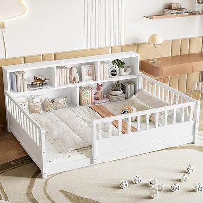 Bellemave Full Size Montessori Floor Bed with Bookcase, Full Size Floor Bed with Rails and Storage Shelves, Easy Assemble Montessori Beds Frame for Girls, Boys, White